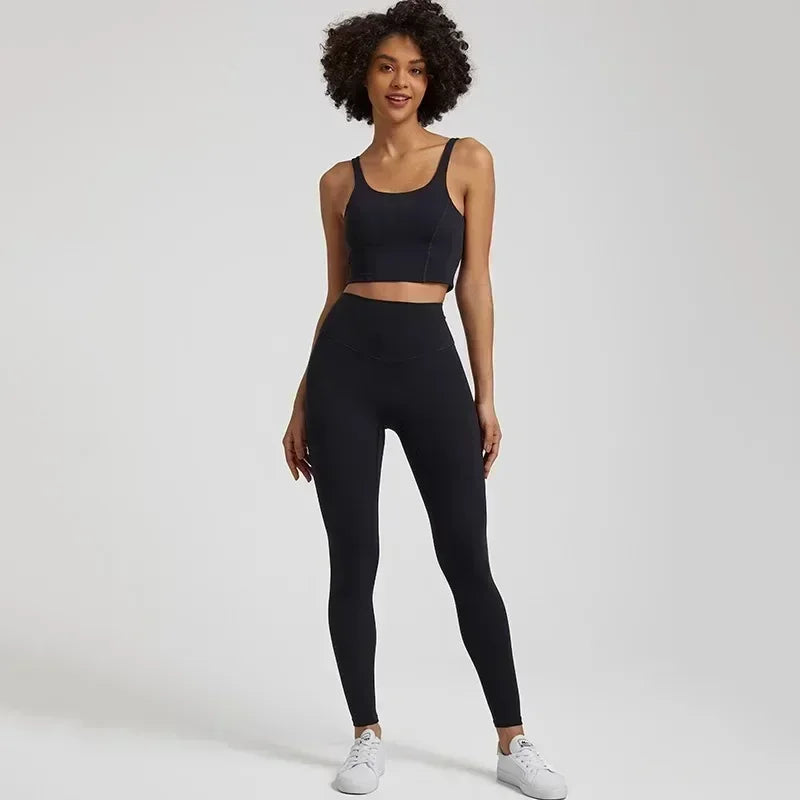 Lemon Gym Yoga Set Tight Leggings Sports Fitness Bra Top 2pc Suit Comprehensive Training Jogging Women Round Neck U Shape