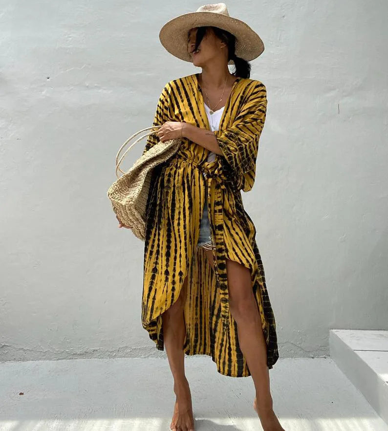 Summer Beach Cover Ups Vintage Printed Belted Kimono Swimwear Long Cardigan Casual Loose Beachwear Outfits Swimsuit Covers Robe