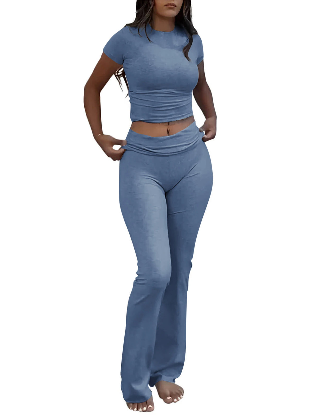 Casual Workout Two Piece Outfits for Women Short Sleeve Crop High Waist Foldover Flare Pants Tracksuit Sets Streetwear