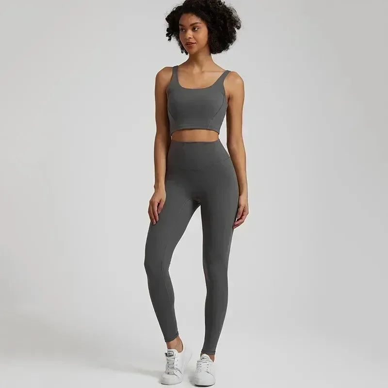 Lemon Gym Yoga Set Tight Leggings Sports Fitness Bra Top 2pc Suit Comprehensive Training Jogging Women Round Neck U Shape