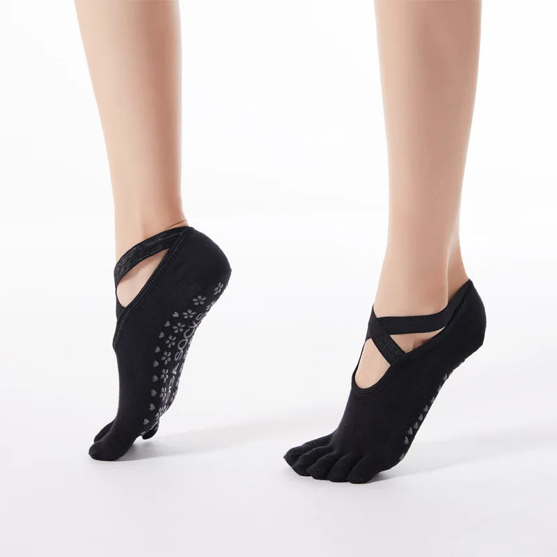 Women Anti Slip Yoga Socks Five Toe Silicone Non-Slip Pilates Socks Bandage Ballet Dance Ladies Fitness Sports Cotton Socks