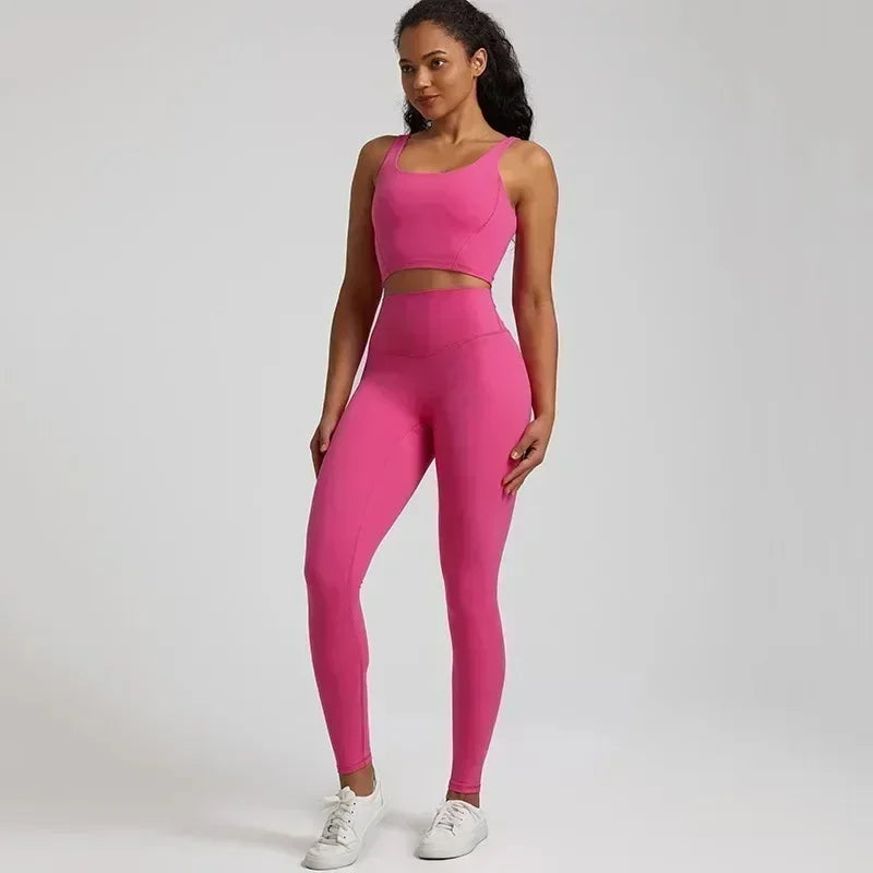 Lemon Gym Yoga Set Tight Leggings Sports Fitness Bra Top 2pc Suit Comprehensive Training Jogging Women Round Neck U Shape