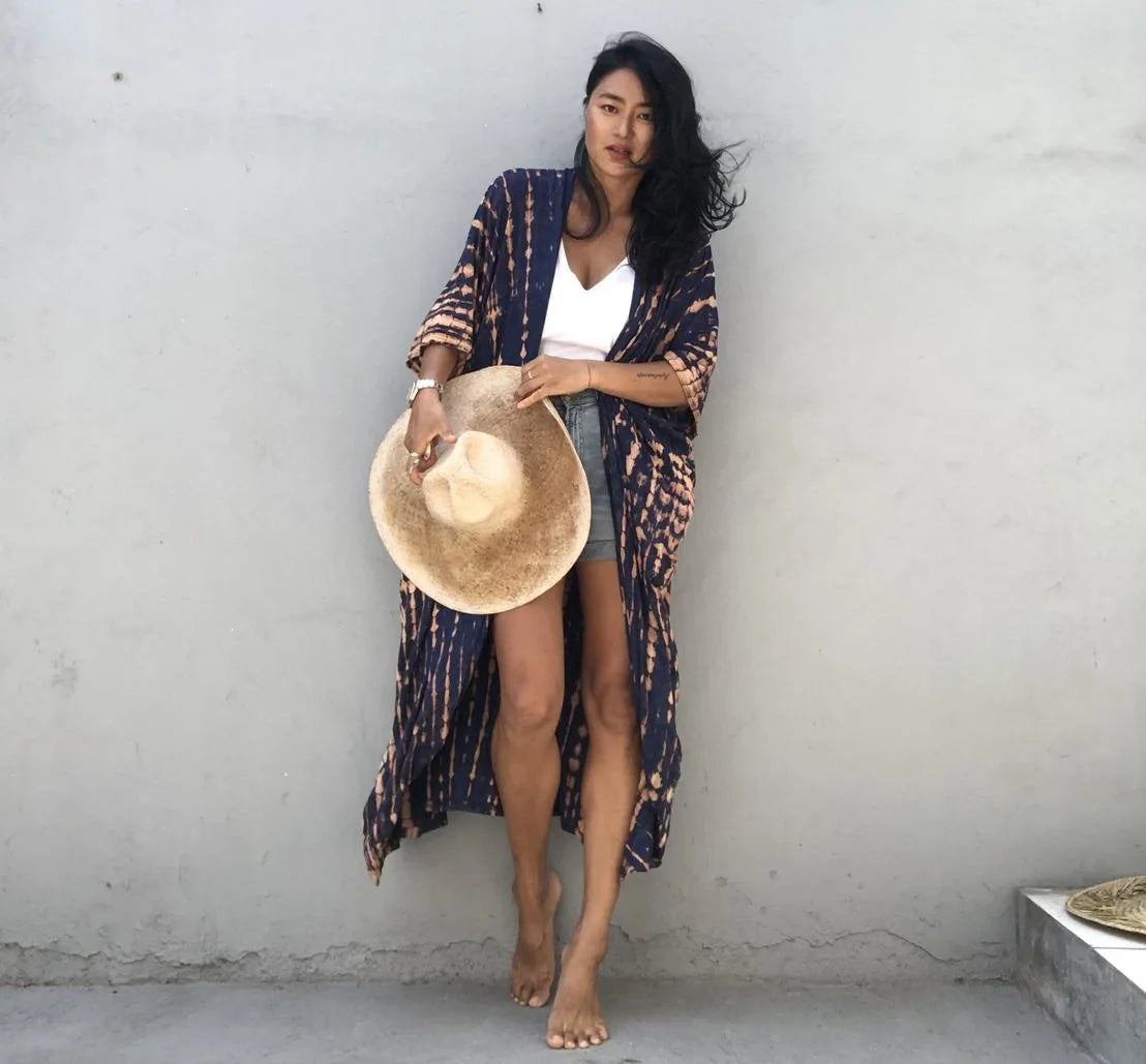 Summer Beach Cover Ups Vintage Printed Belted Kimono Swimwear Long Cardigan Casual Loose Beachwear Outfits Swimsuit Covers Robe