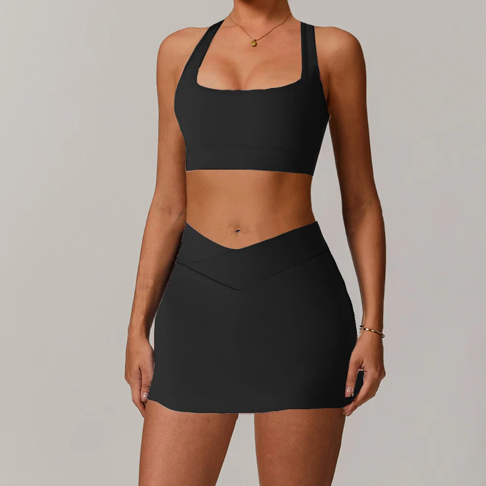 2Pcs Anti Shorts Women Outfits Yoga Set Gym Halter Sport Bra Crop Top Tracksuit Skirt Running Fitness Tennis Active Wear