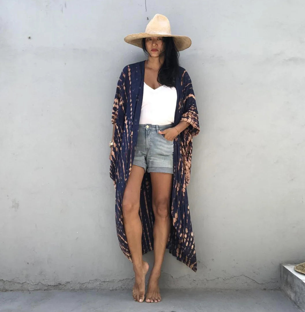 Summer Beach Cover Ups Vintage Printed Belted Kimono Swimwear Long Cardigan Casual Loose Beachwear Outfits Swimsuit Covers Robe