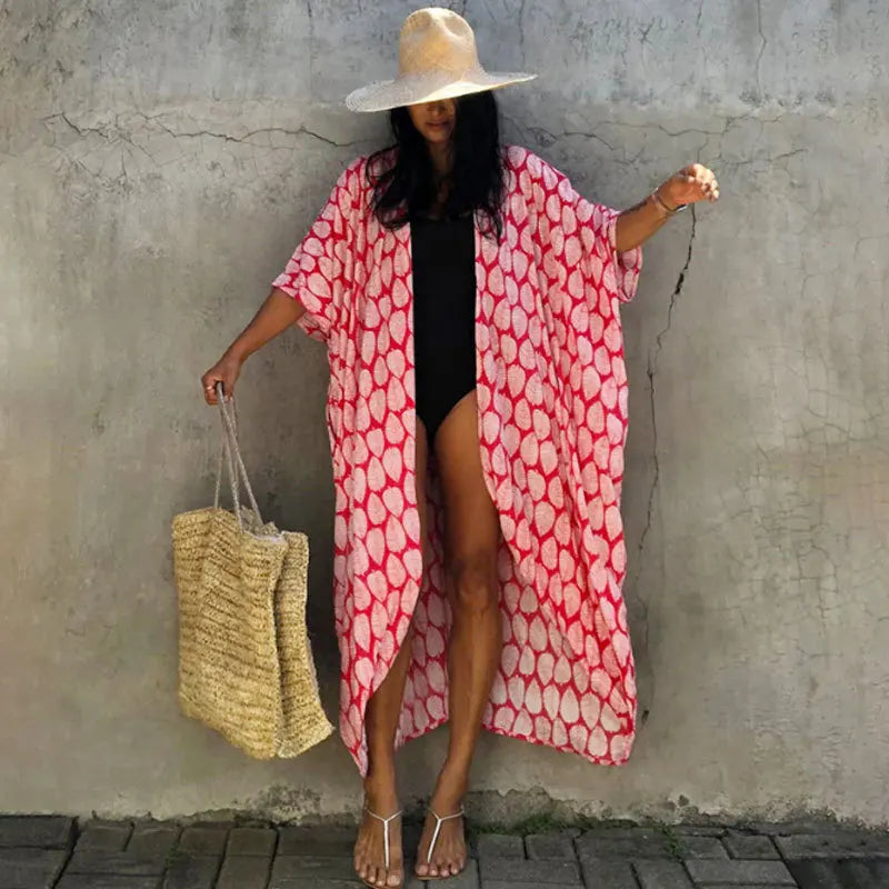 Summer Beach Cover Ups Vintage Printed Belted Kimono Swimwear Long Cardigan Casual Loose Beachwear Outfits Swimsuit Covers Robe