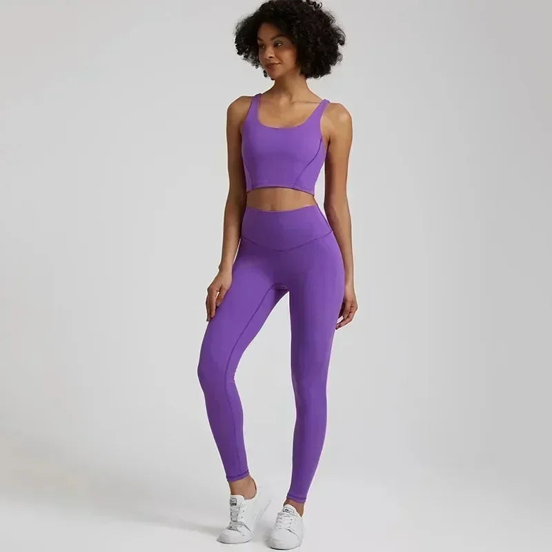Lemon Gym Yoga Set Tight Leggings Sports Fitness Bra Top 2pc Suit Comprehensive Training Jogging Women Round Neck U Shape