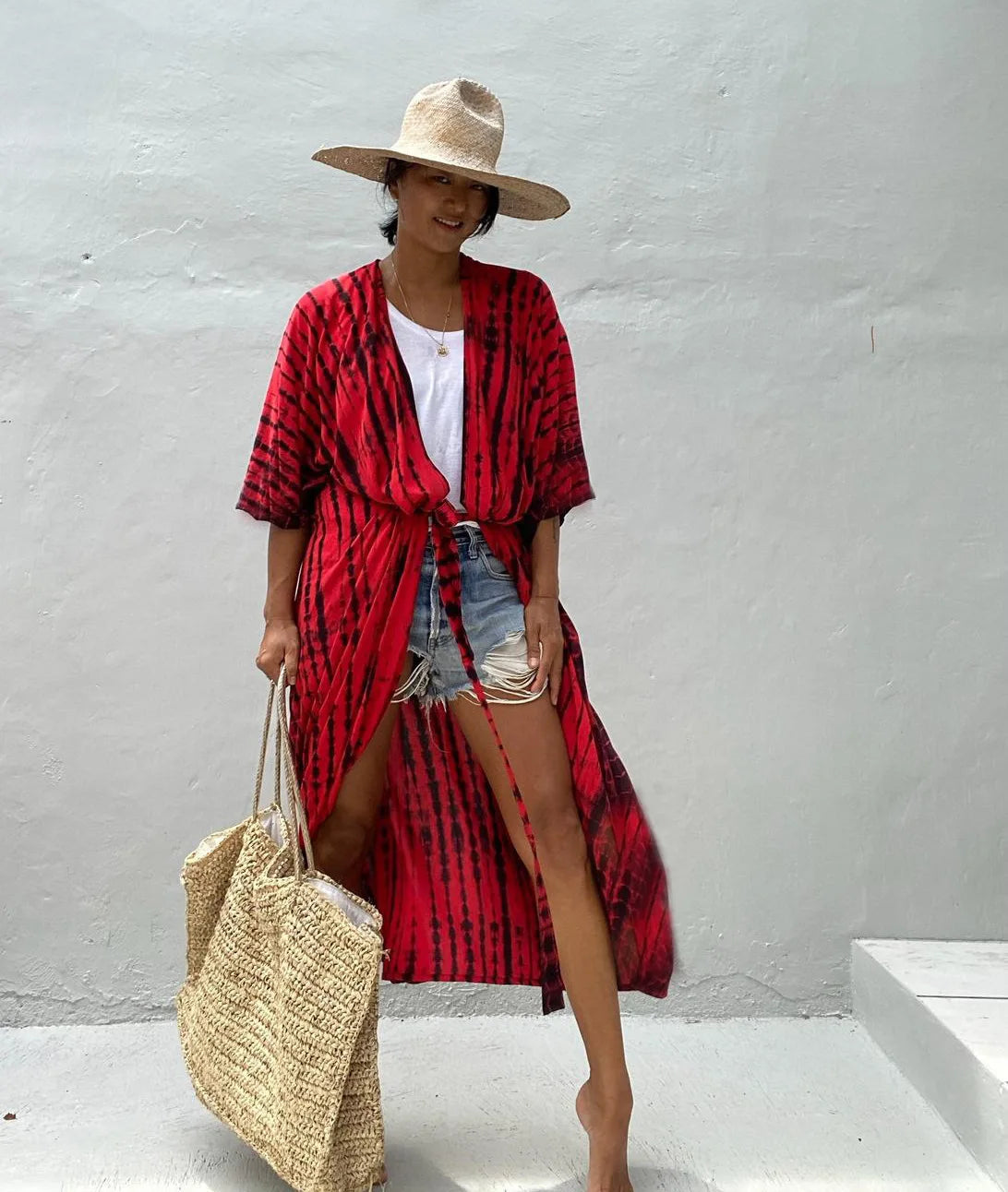 Summer Beach Cover Ups Vintage Printed Belted Kimono Swimwear Long Cardigan Casual Loose Beachwear Outfits Swimsuit Covers Robe