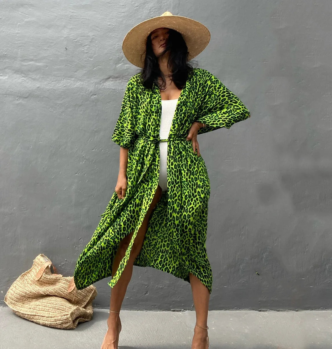 Summer Beach Cover Ups Vintage Printed Belted Kimono Swimwear Long Cardigan Casual Loose Beachwear Outfits Swimsuit Covers Robe
