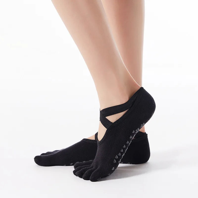 Women Anti Slip Yoga Socks Five Toe Silicone Non-Slip Pilates Socks Bandage Ballet Dance Ladies Fitness Sports Cotton Socks