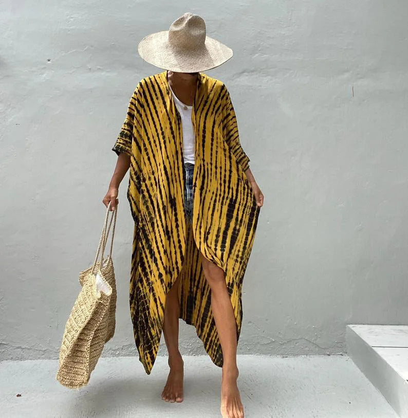 Summer Beach Cover Ups Vintage Printed Belted Kimono Swimwear Long Cardigan Casual Loose Beachwear Outfits Swimsuit Covers Robe
