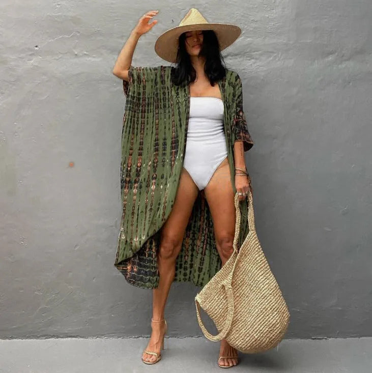 Summer Beach Cover Ups Vintage Printed Belted Kimono Swimwear Long Cardigan Casual Loose Beachwear Outfits Swimsuit Covers Robe