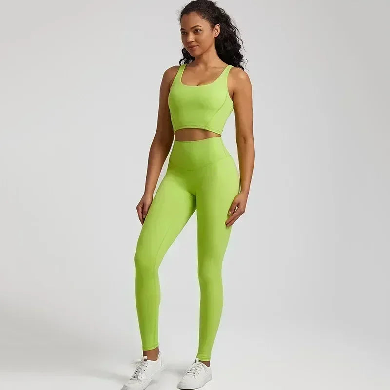 Lemon Gym Yoga Set Tight Leggings Sports Fitness Bra Top 2pc Suit Comprehensive Training Jogging Women Round Neck U Shape