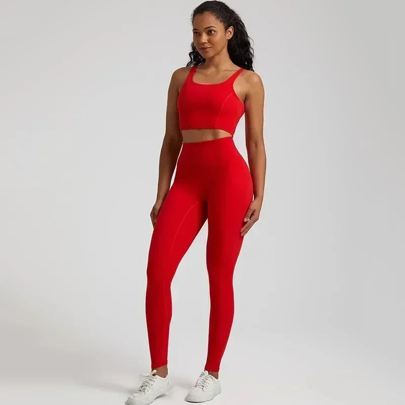 Lemon Gym Yoga Set Tight Leggings Sports Fitness Bra Top 2pc Suit Comprehensive Training Jogging Women Round Neck U Shape
