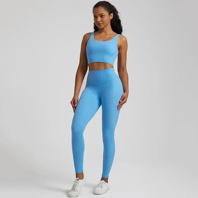 Lemon Gym Yoga Set Tight Leggings Sports Fitness Bra Top 2pc Suit Comprehensive Training Jogging Women Round Neck U Shape