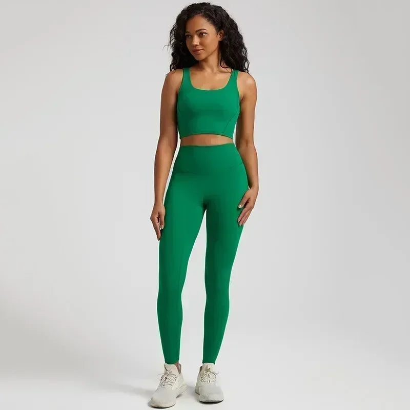 Lemon Gym Yoga Set Tight Leggings Sports Fitness Bra Top 2pc Suit Comprehensive Training Jogging Women Round Neck U Shape