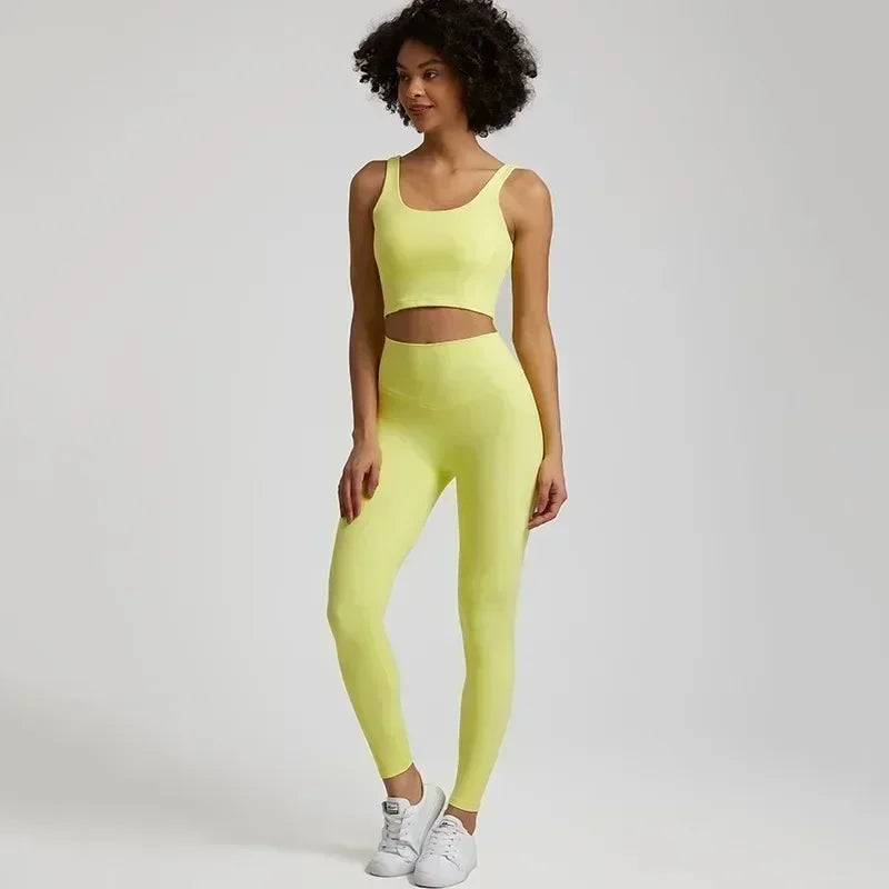 Lemon Gym Yoga Set Tight Leggings Sports Fitness Bra Top 2pc Suit Comprehensive Training Jogging Women Round Neck U Shape