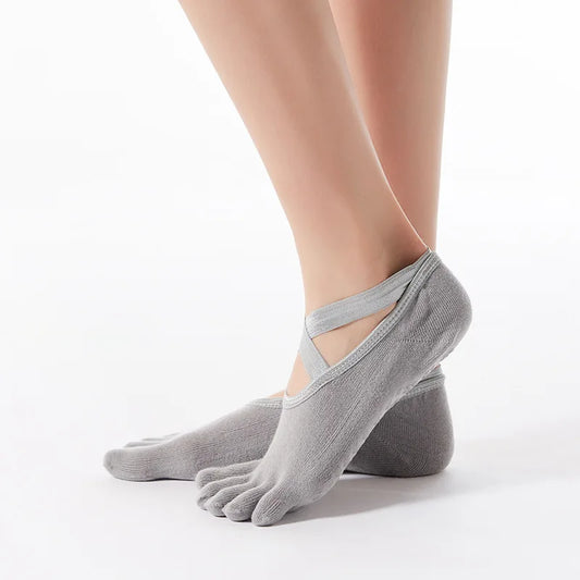 Women Anti Slip Yoga Socks Five Toe Silicone Non-Slip Pilates Socks Bandage Ballet Dance Ladies Fitness Sports Cotton Socks
