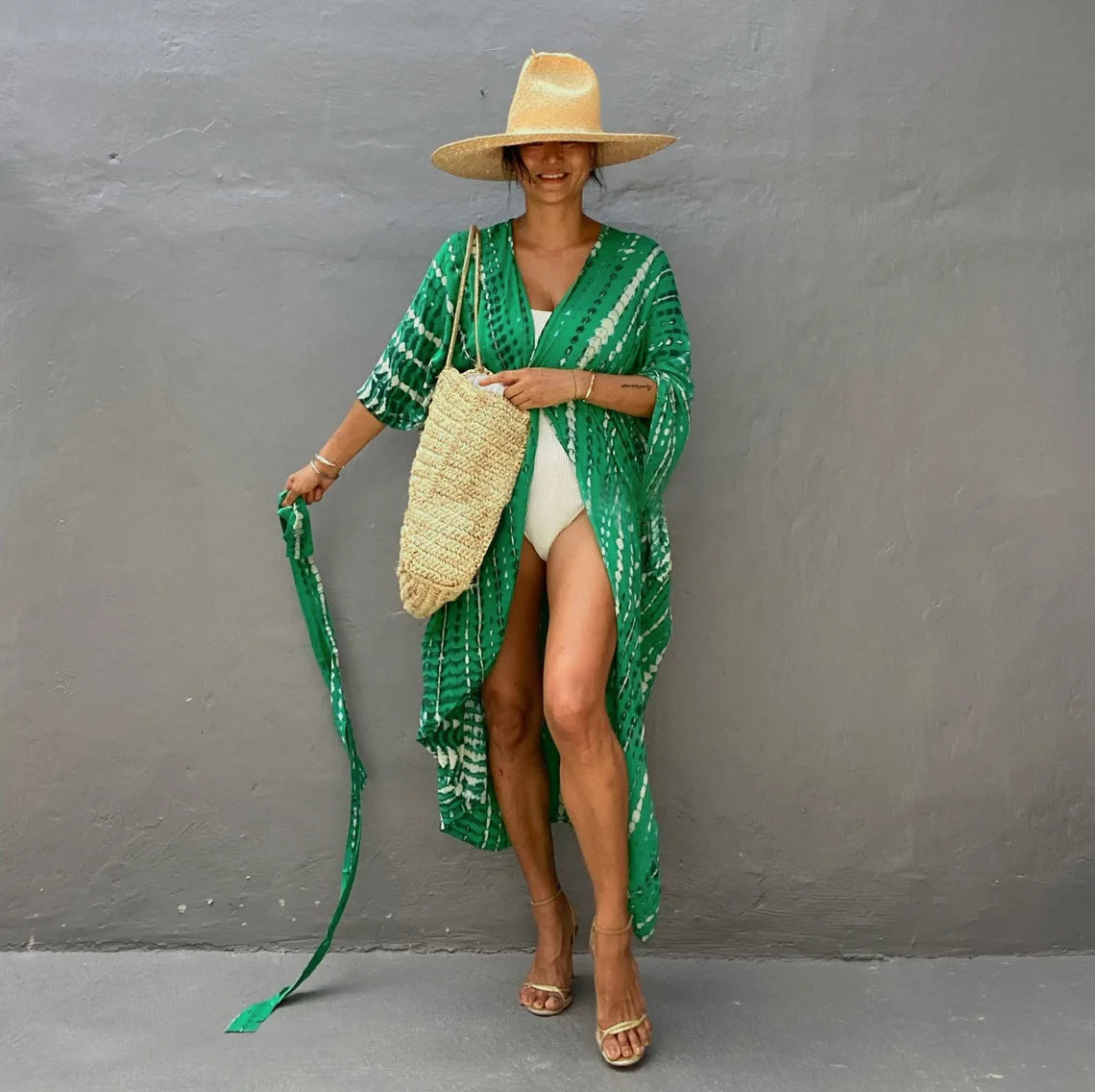 Summer Beach Cover Ups Vintage Printed Belted Kimono Swimwear Long Cardigan Casual Loose Beachwear Outfits Swimsuit Covers Robe