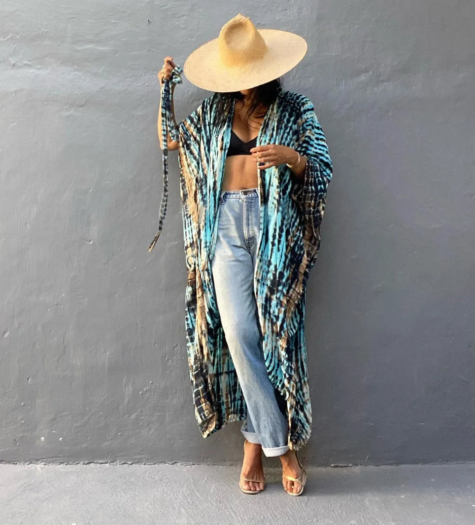 Summer Beach Cover Ups Vintage Printed Belted Kimono Swimwear Long Cardigan Casual Loose Beachwear Outfits Swimsuit Covers Robe