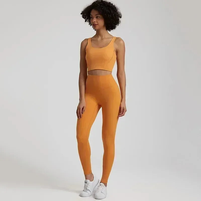 Lemon Gym Yoga Set Tight Leggings Sports Fitness Bra Top 2pc Suit Comprehensive Training Jogging Women Round Neck U Shape