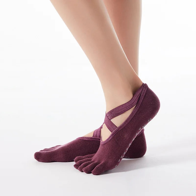 Women Anti Slip Yoga Socks Five Toe Silicone Non-Slip Pilates Socks Bandage Ballet Dance Ladies Fitness Sports Cotton Socks