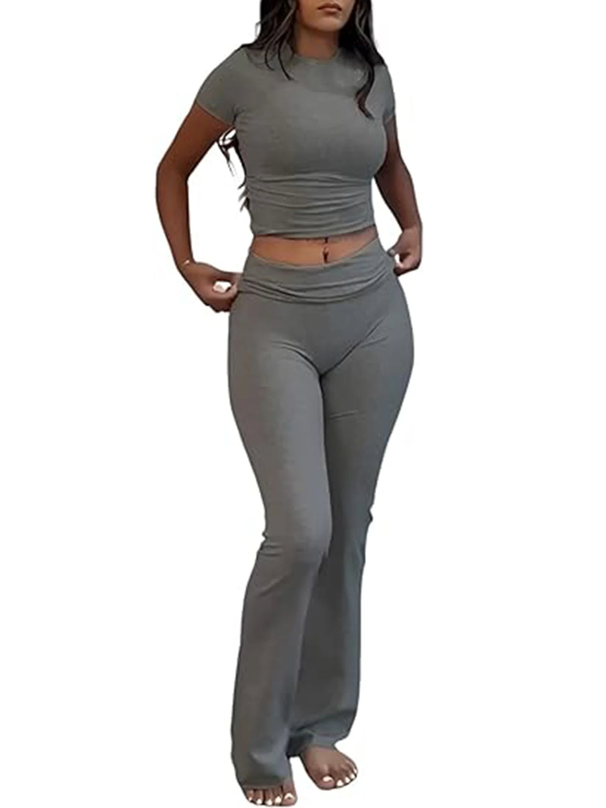 Casual Workout Two Piece Outfits for Women Short Sleeve Crop High Waist Foldover Flare Pants Tracksuit Sets Streetwear