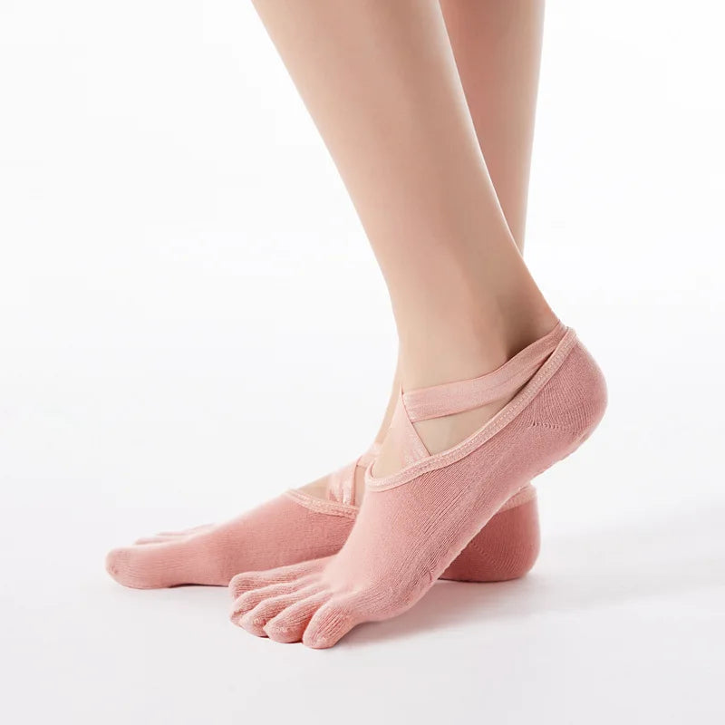Women Anti Slip Yoga Socks Five Toe Silicone Non-Slip Pilates Socks Bandage Ballet Dance Ladies Fitness Sports Cotton Socks