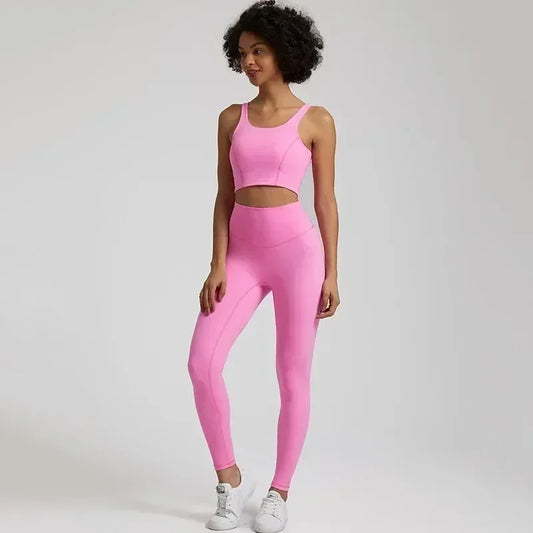 Lemon Gym Yoga Set Tight Leggings Sports Fitness Bra Top 2pc Suit Comprehensive Training Jogging Women Round Neck U Shape
