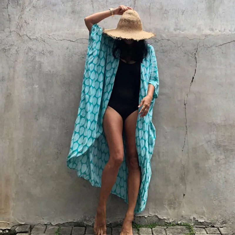 Summer Beach Cover Ups Vintage Printed Belted Kimono Swimwear Long Cardigan Casual Loose Beachwear Outfits Swimsuit Covers Robe