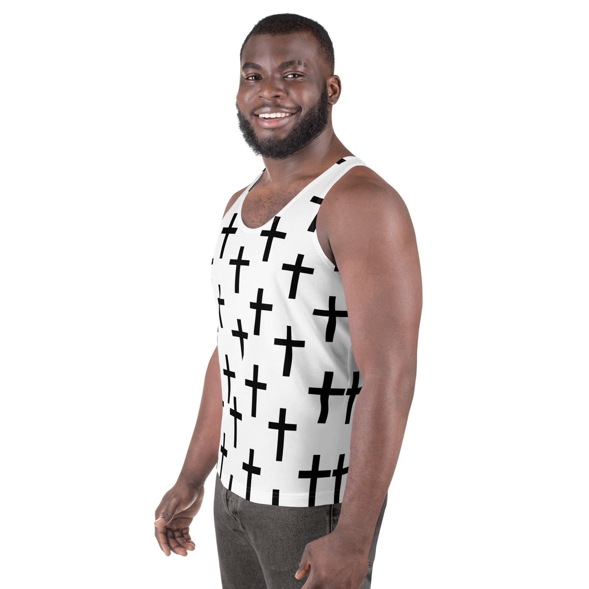 Mens Stretch Fit Tank Top - White Black Cross Print-1