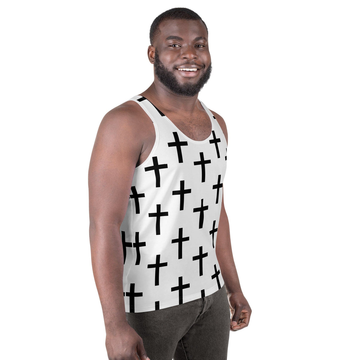 Mens Stretch Fit Tank Top - White Black Cross Print-2